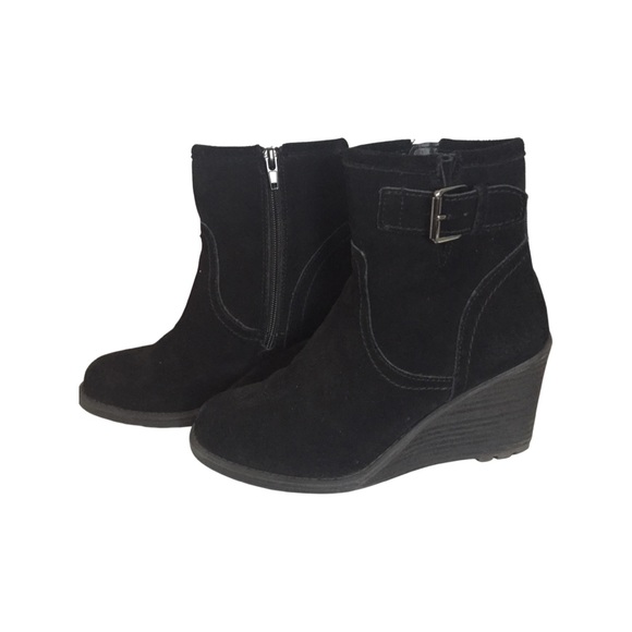 Fergie Black Suede Wedge Booties EUC - Picture 1 of 7